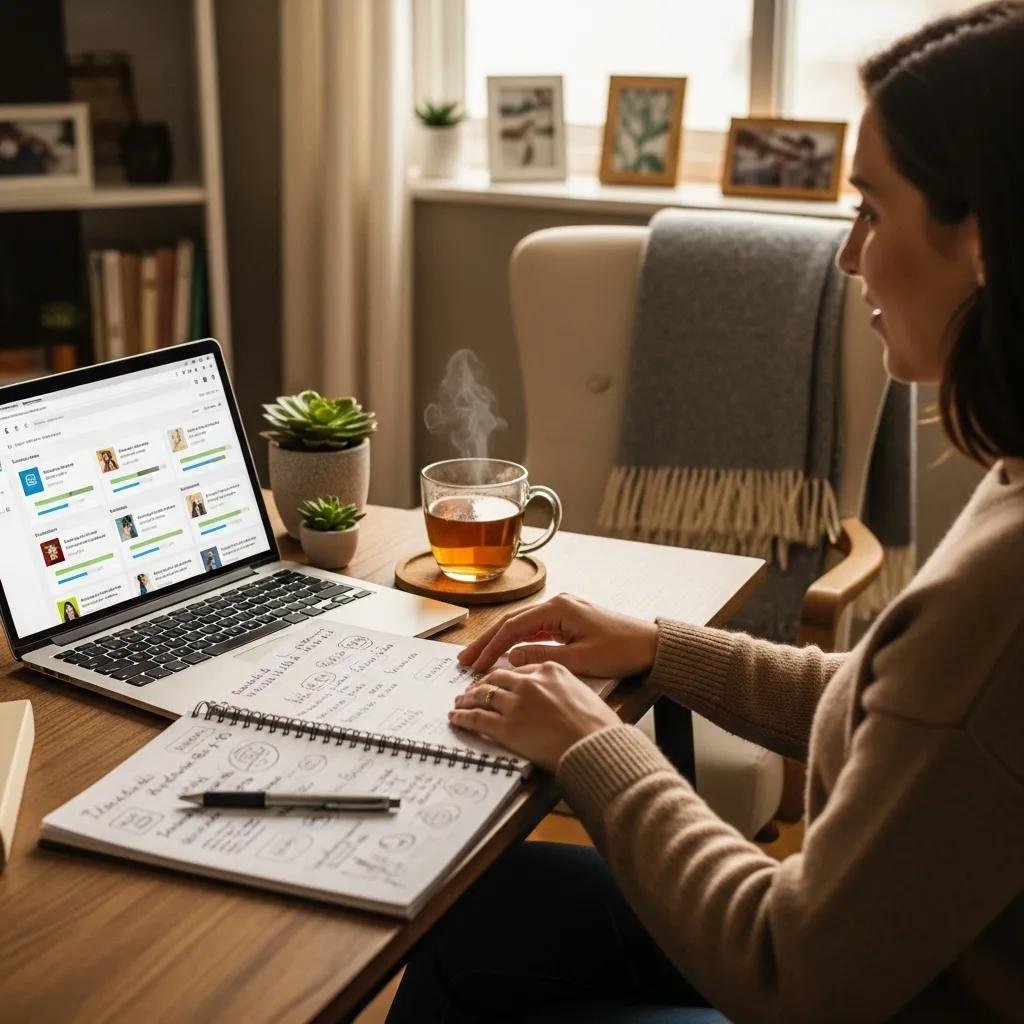 Therapist creating digital products in a cozy home office setting