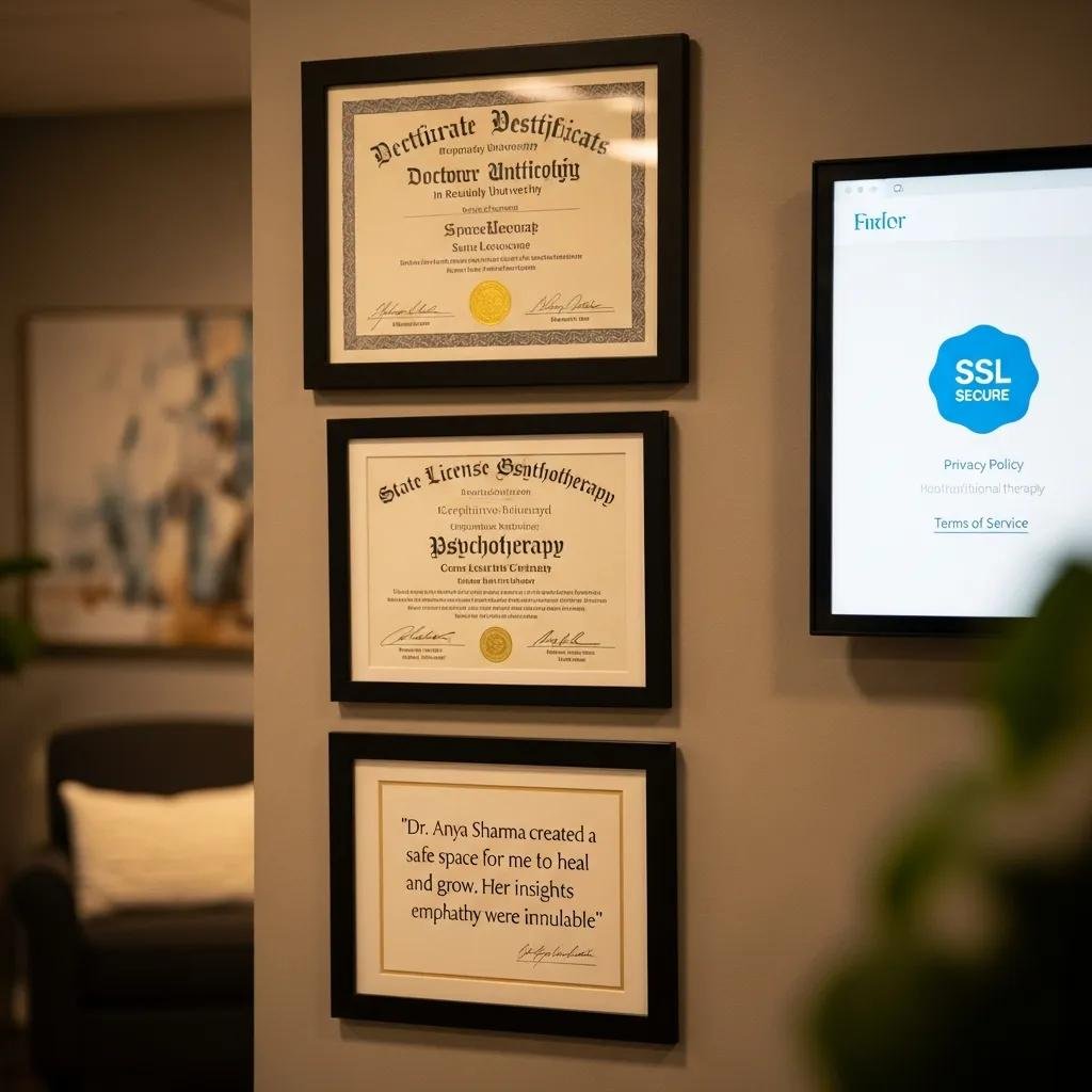 Therapist credentials and client testimonials displayed in a professional setting, highlighting trust signals