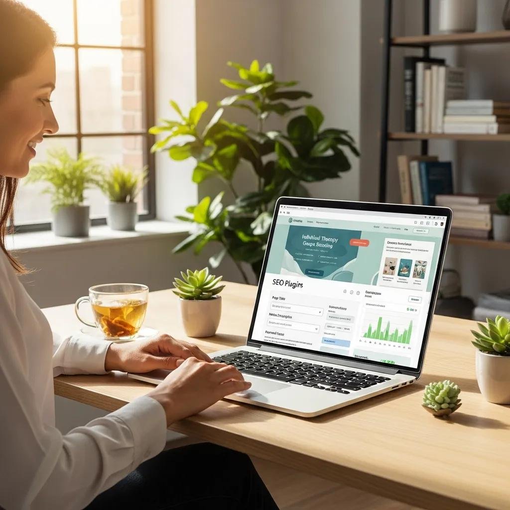 Therapist customizing WordPress website, highlighting key features for therapy practices
