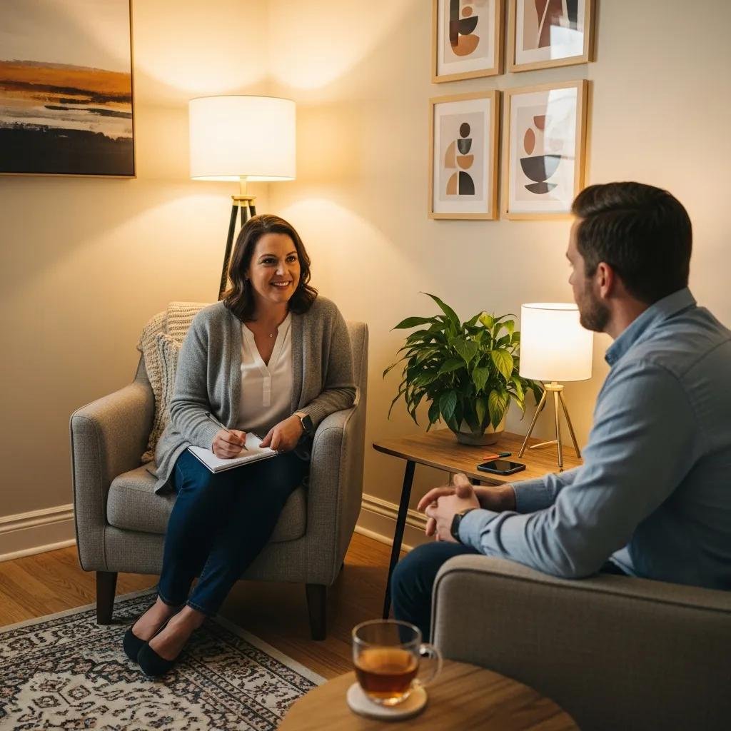 Therapist developing client persona in a cozy office setting