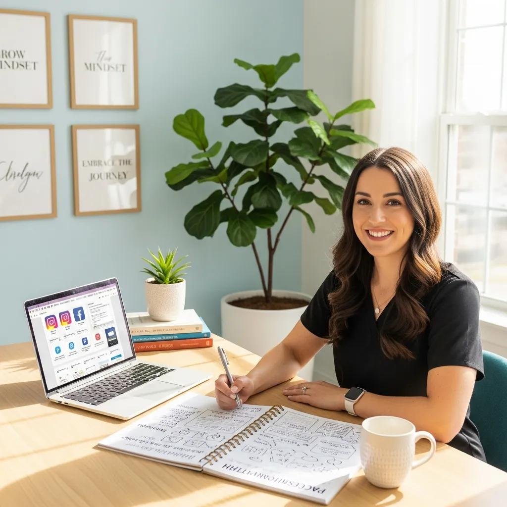 Therapist developing marketing strategies with laptop and notepad in an inspiring workspace