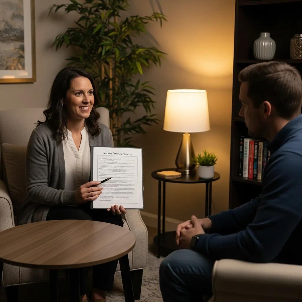 Therapist discussing Notice of Privacy Practices with a client in a cozy therapy room
