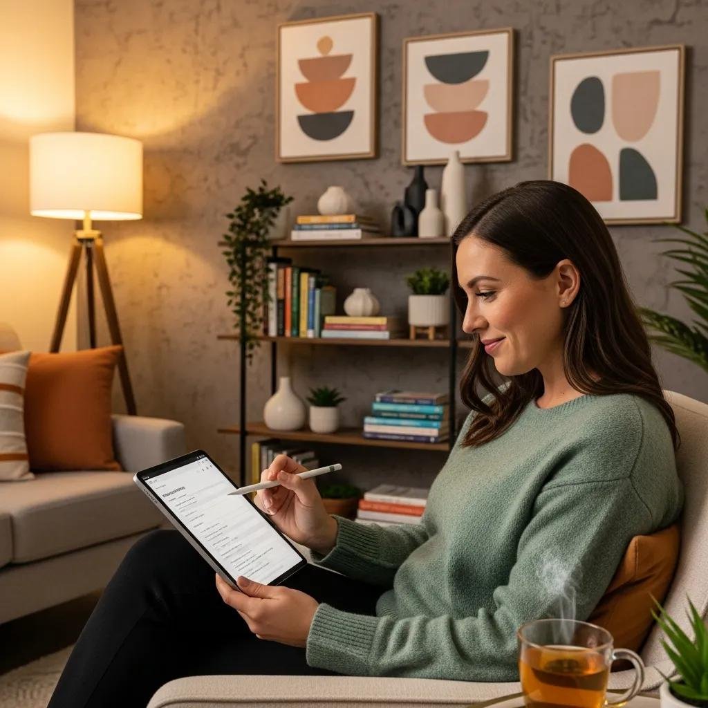 Therapist documenting patient information on a tablet in a cozy therapy room