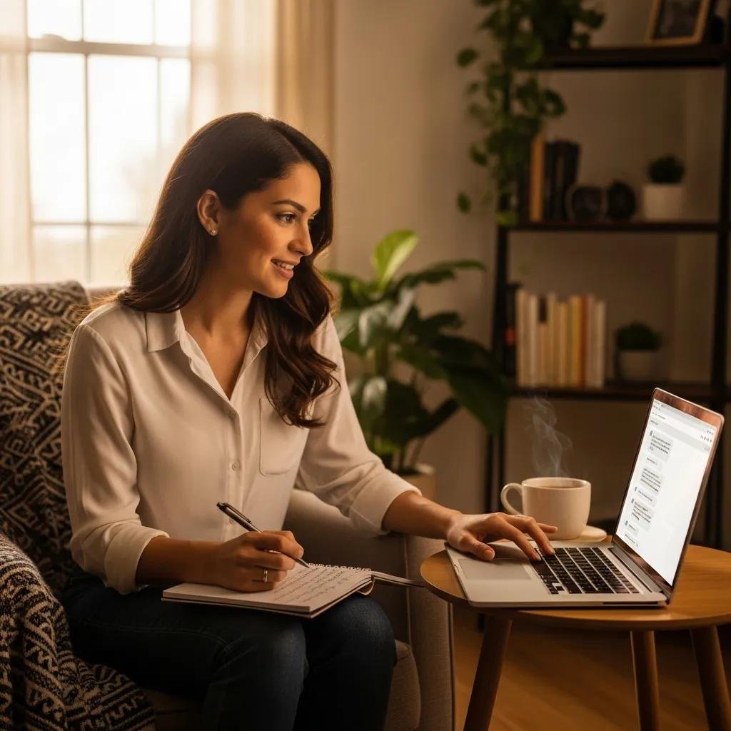 Therapist engaging with client via live chat on laptop, enhancing trust and communication