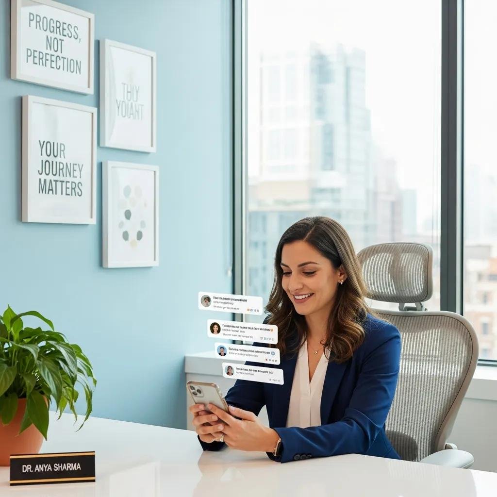 Therapist engaging with clients on social media using a smartphone, highlighting ethical marketing strategies