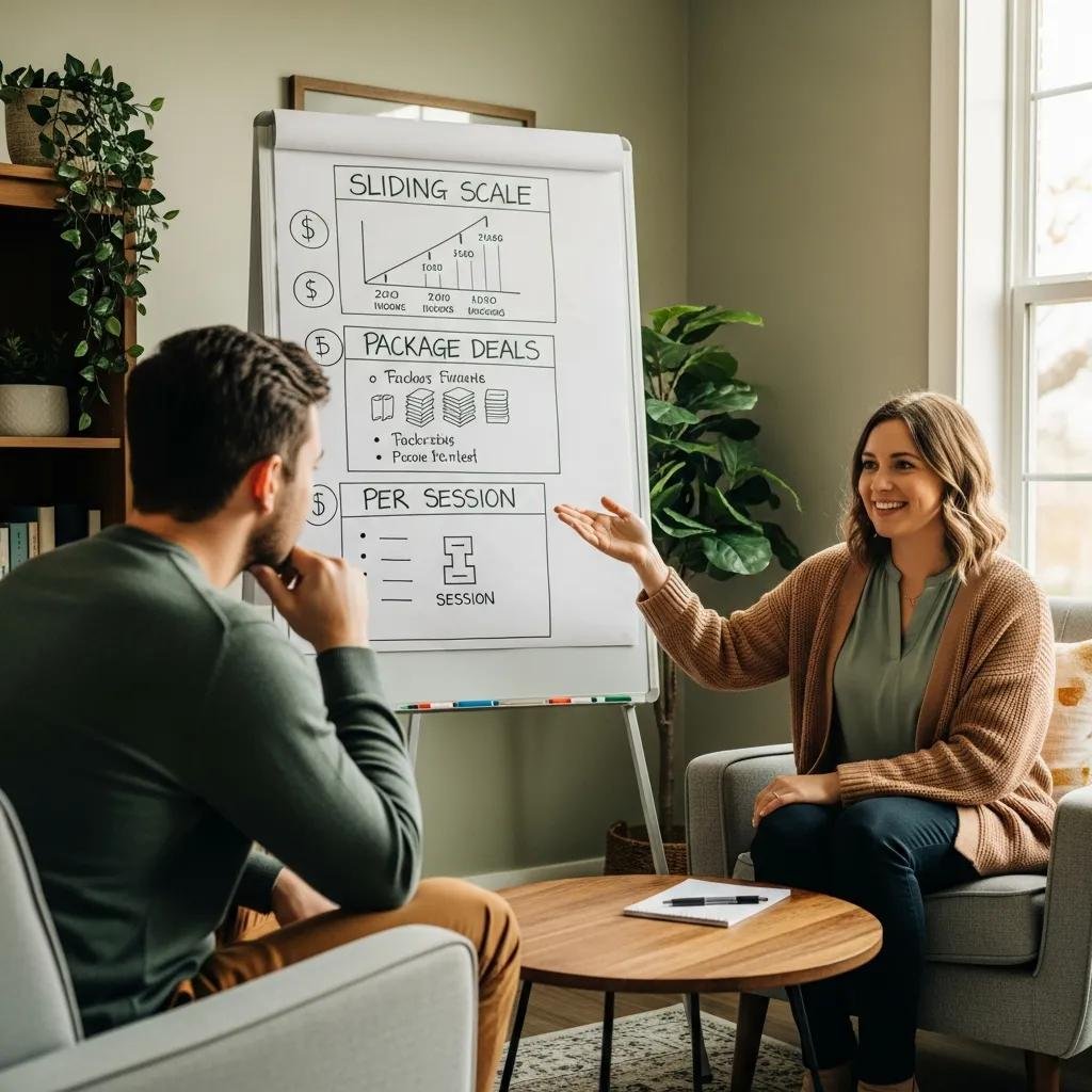 Therapist explaining pricing models to a client in a cozy office