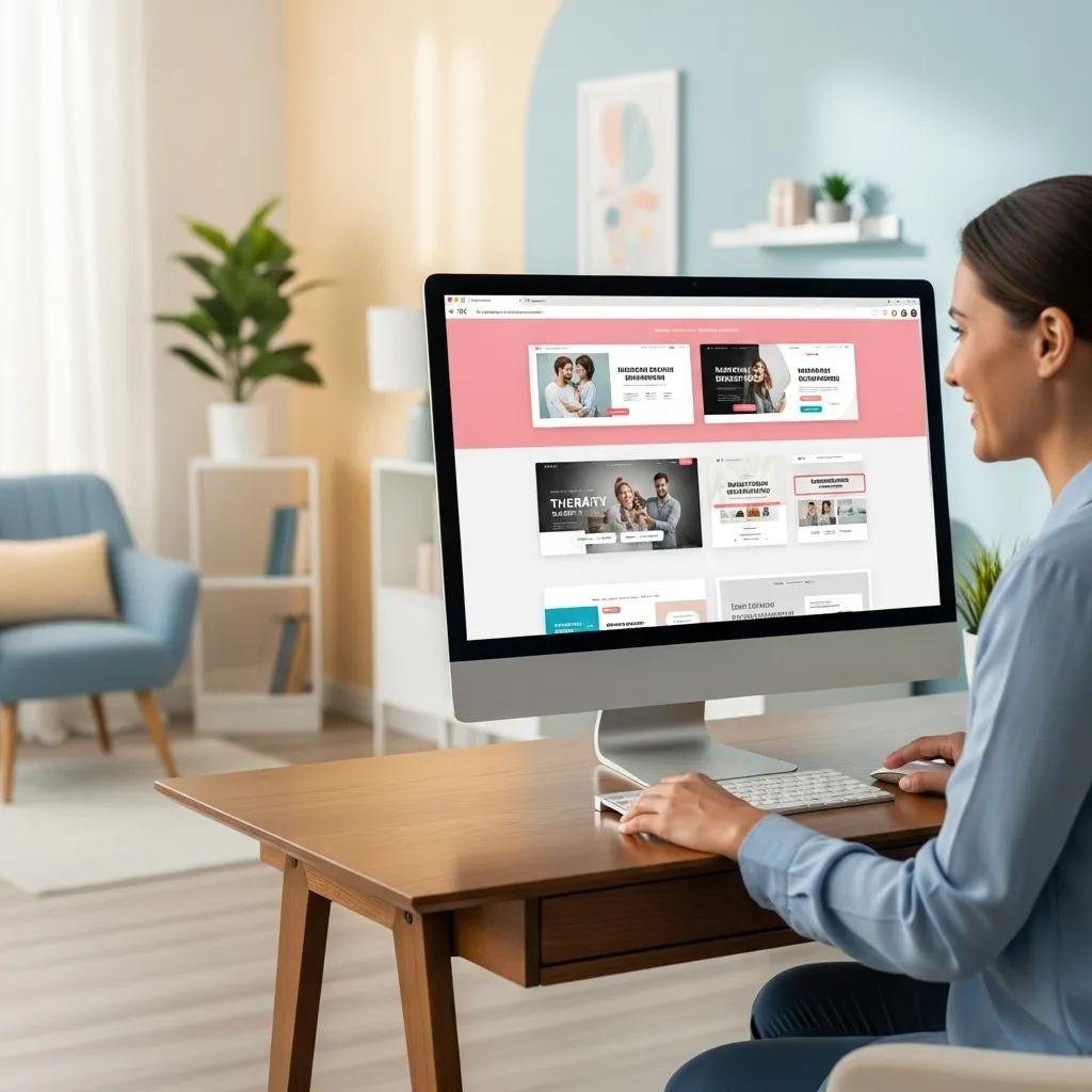 Therapist exploring Wix templates on computer, showcasing design options for therapists