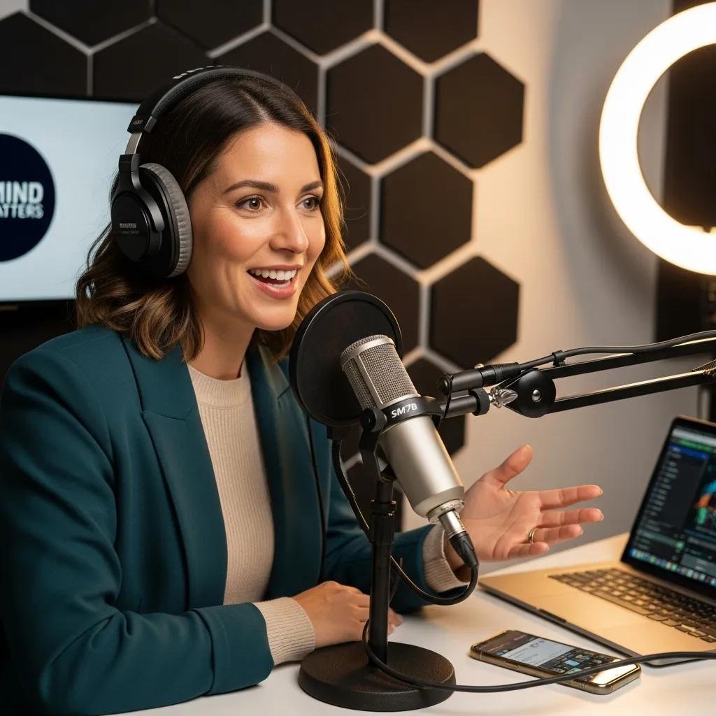 Therapist in a podcast studio, discussing mental health topics to gain authoritative backlinks
