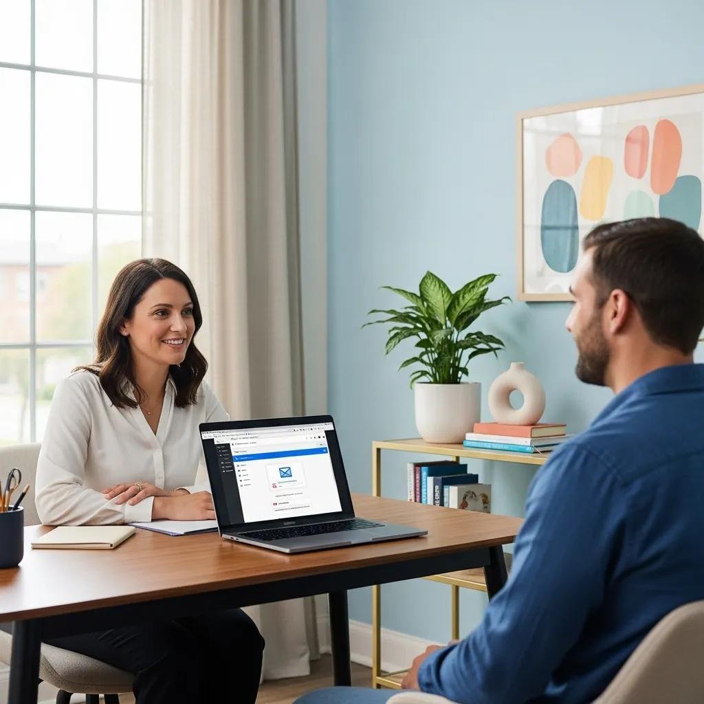 Therapist in a professional office setting discussing secure email solutions with a client