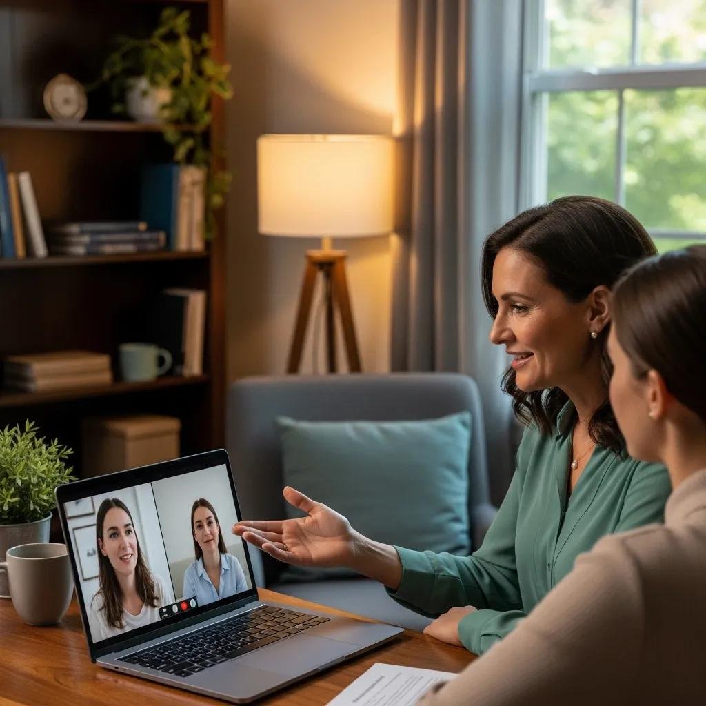 Therapist in virtual session with client, showcasing telehealth integration in therapy practices