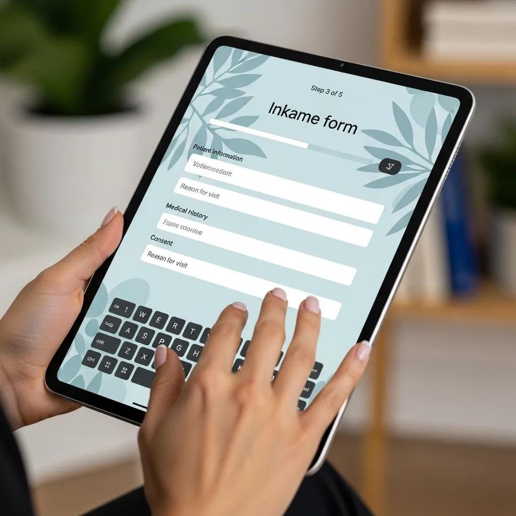 Therapist interacting with a digital intake form on a tablet, showcasing user-friendly design