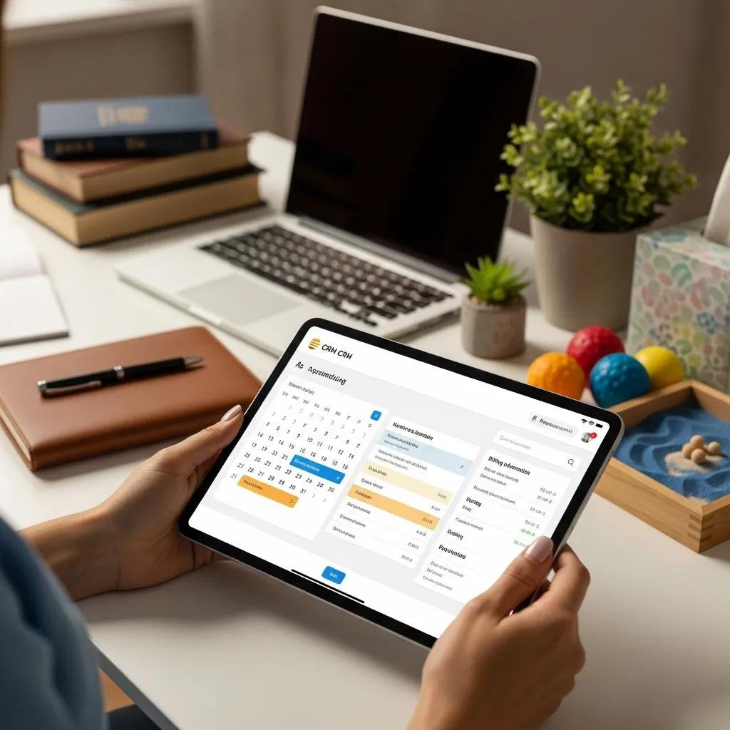 Therapist managing client appointments on a tablet, highlighting essential CRM features for therapy practices