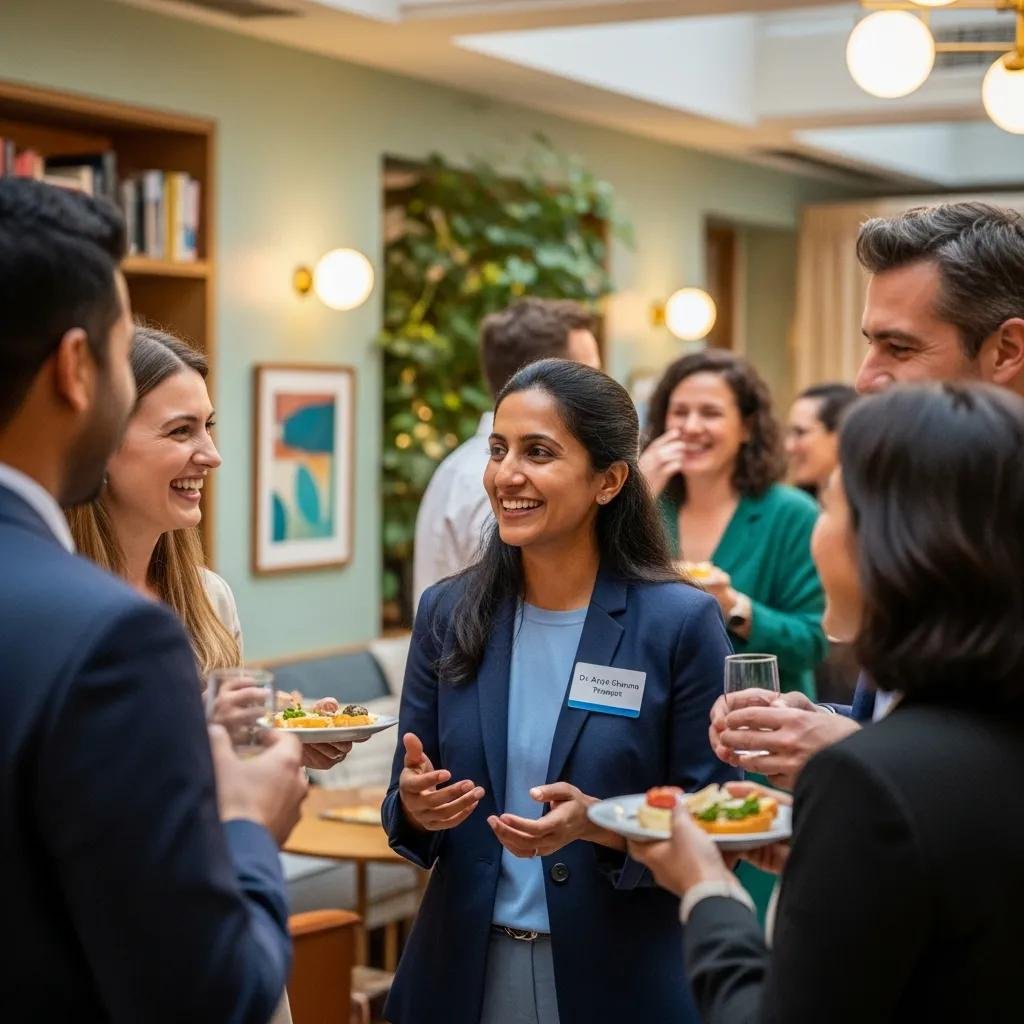 Therapist networking with professionals in a warm, inviting environment