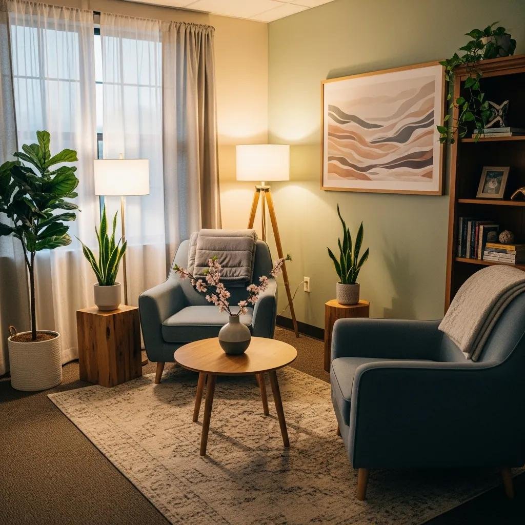 Therapist office designed with trauma-informed principles showcasing safety and warmth