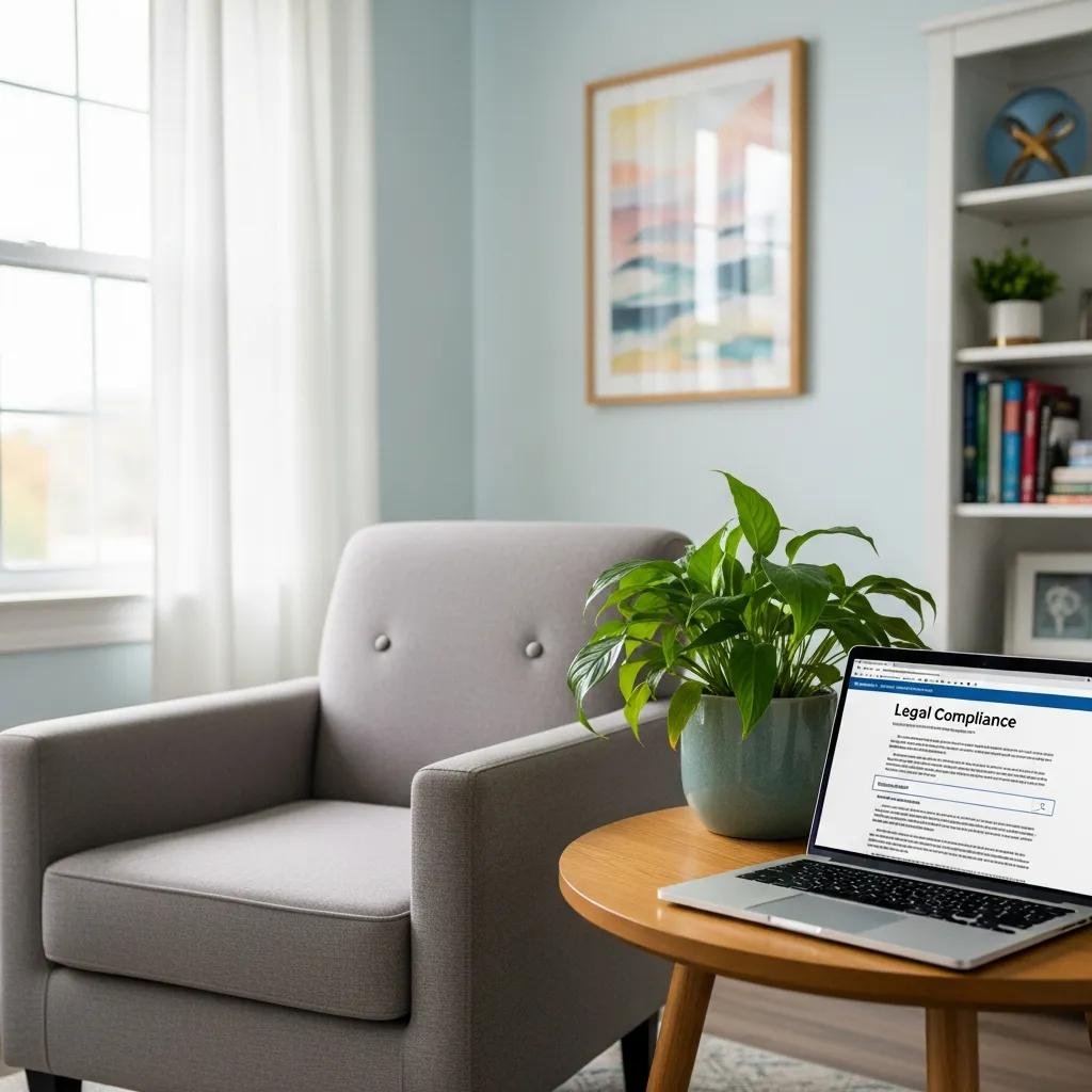 Therapist office with a laptop and comfortable seating, symbolizing legal compliance in therapy