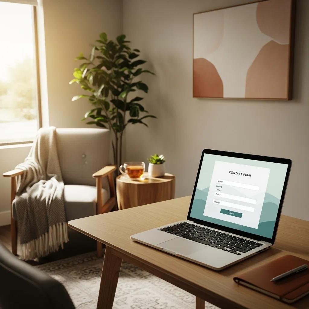 Therapist office with a laptop displaying a contact form, emphasizing client connection and professionalism
