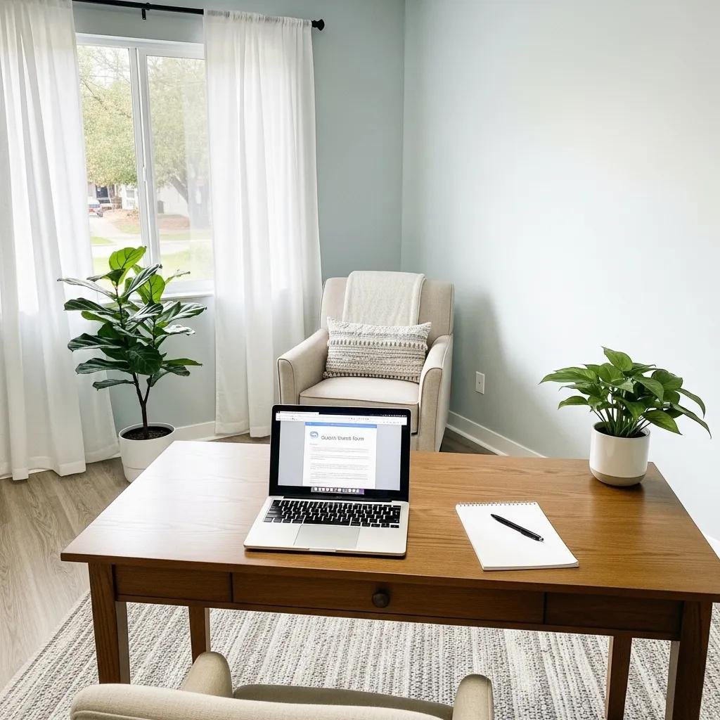 Therapist office with a laptop showing a secure client intake form, emphasizing confidentiality and professionalism