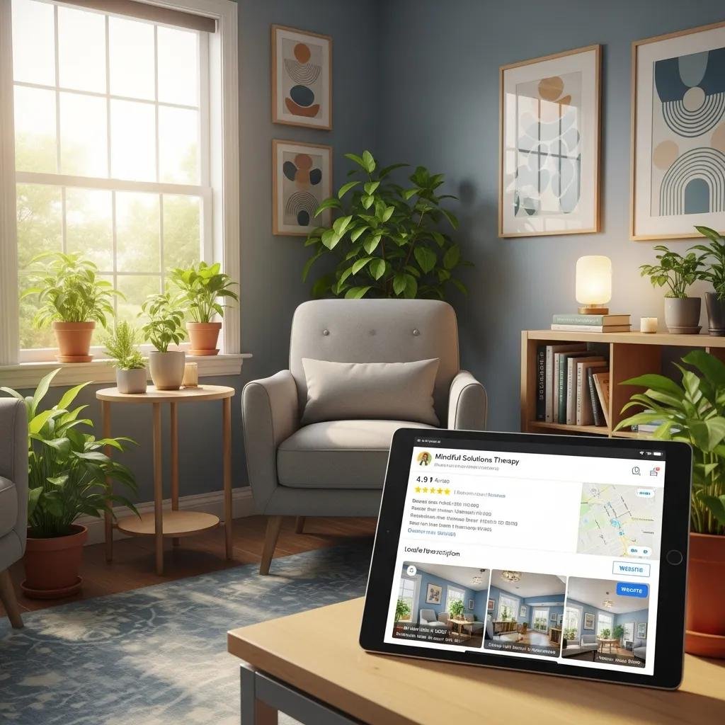 Therapist office with a tablet displaying a Google My Business profile, highlighting local SEO strategies for client attraction