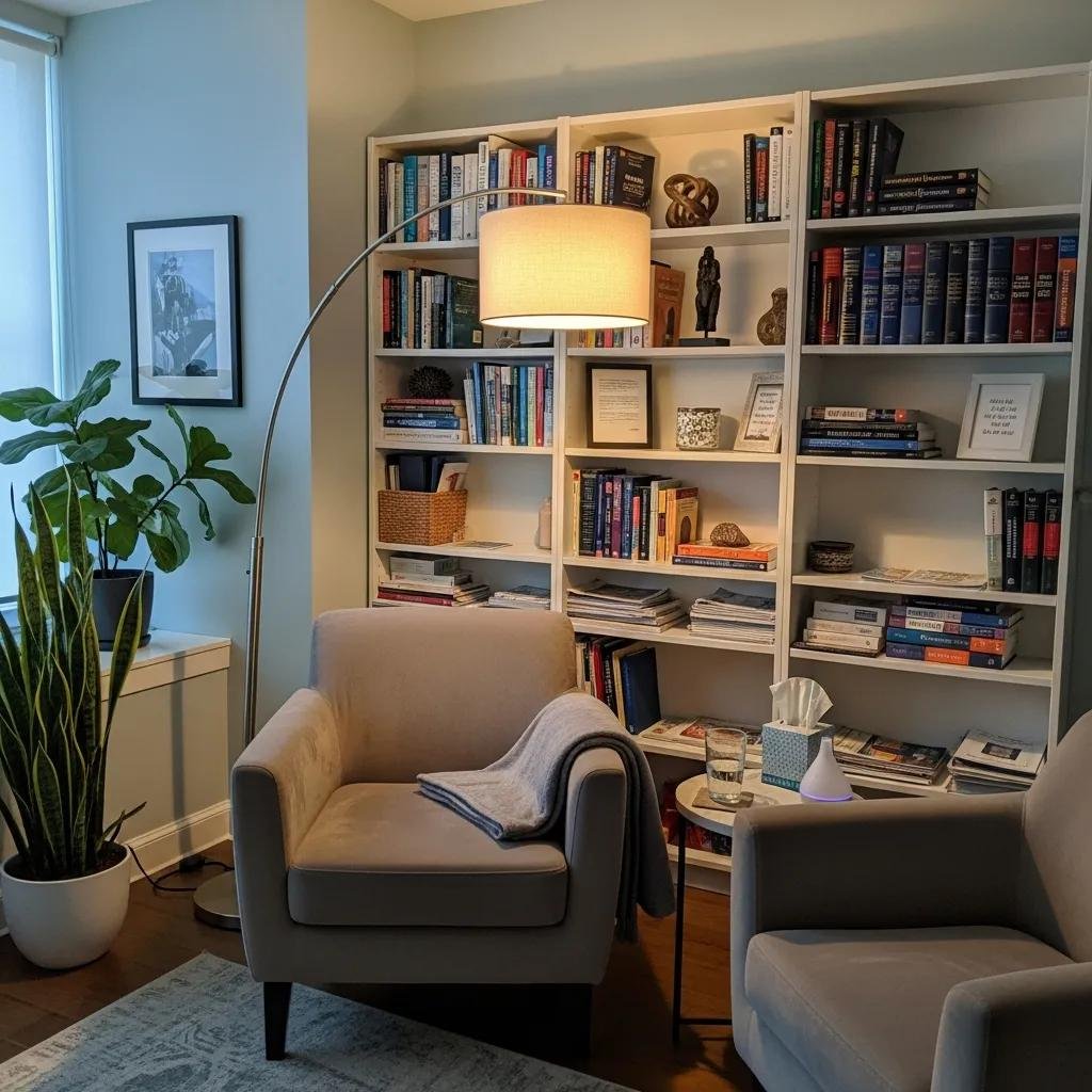Therapist office with calming decor and inviting atmosphere for mental health professionals