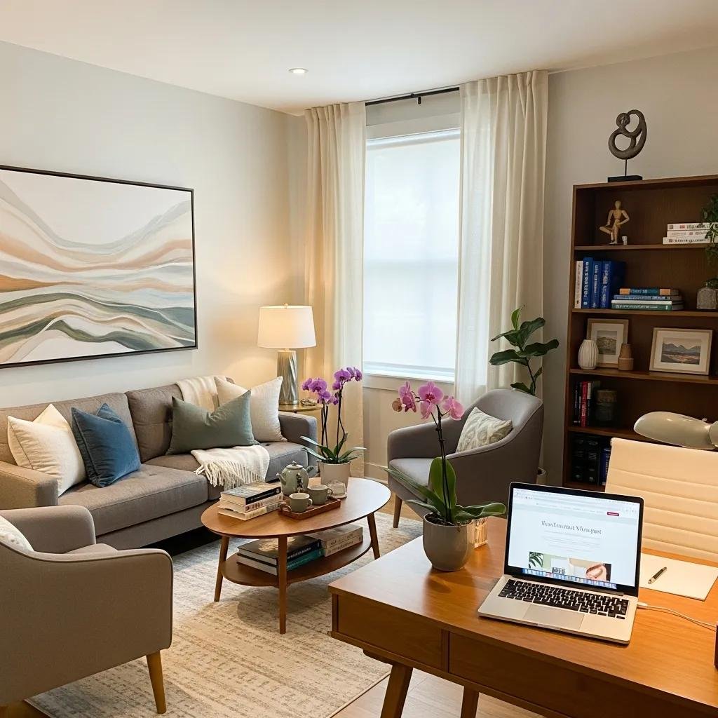 Therapist office with laptop showcasing website, conveying professionalism and trust