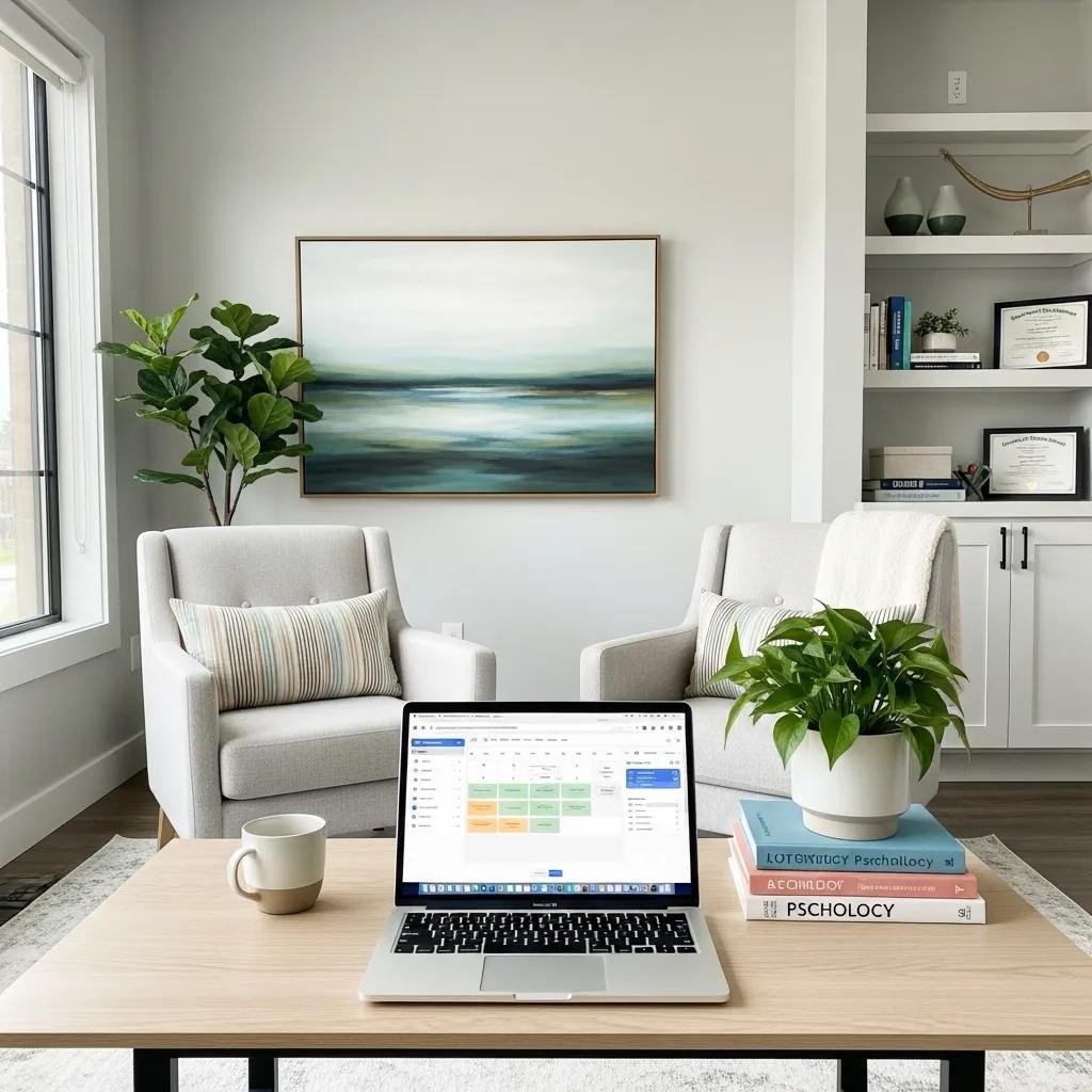 Therapist office with laptop showing online scheduling tool, emphasizing modern therapy practices
