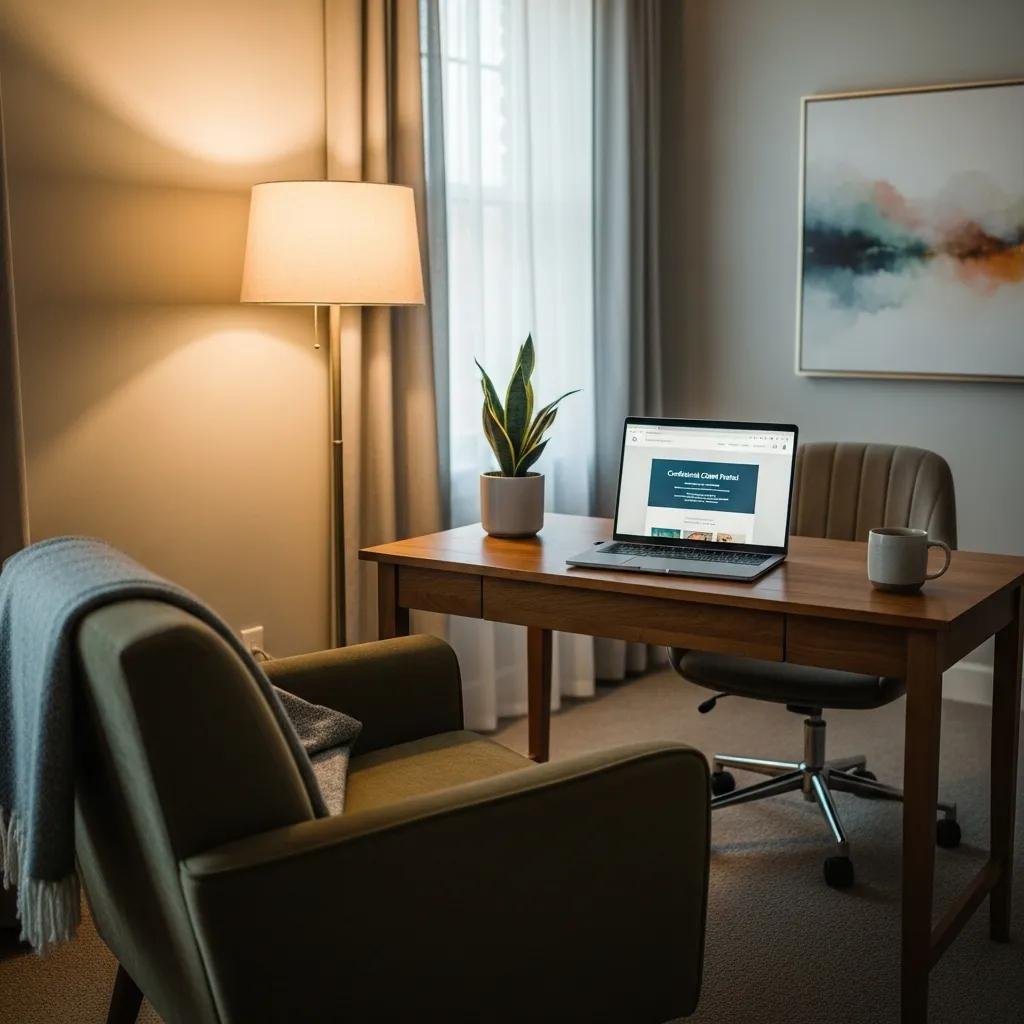 Therapist office with secure website on laptop, emphasizing data security and client trust