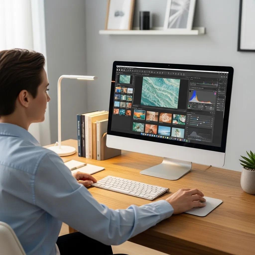 Therapist optimizing images on a computer, illustrating the importance of image optimization for websites