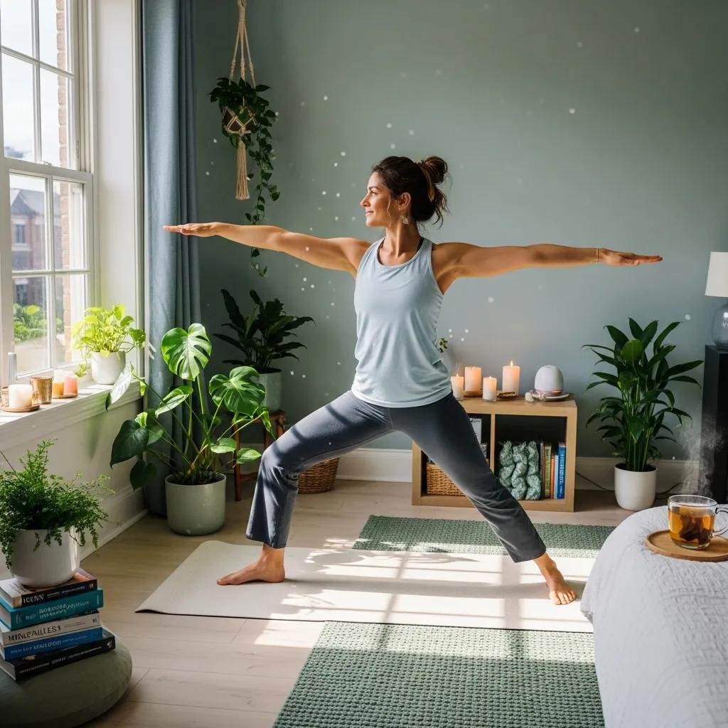 Therapist practicing self-care through yoga in a bright, calming space