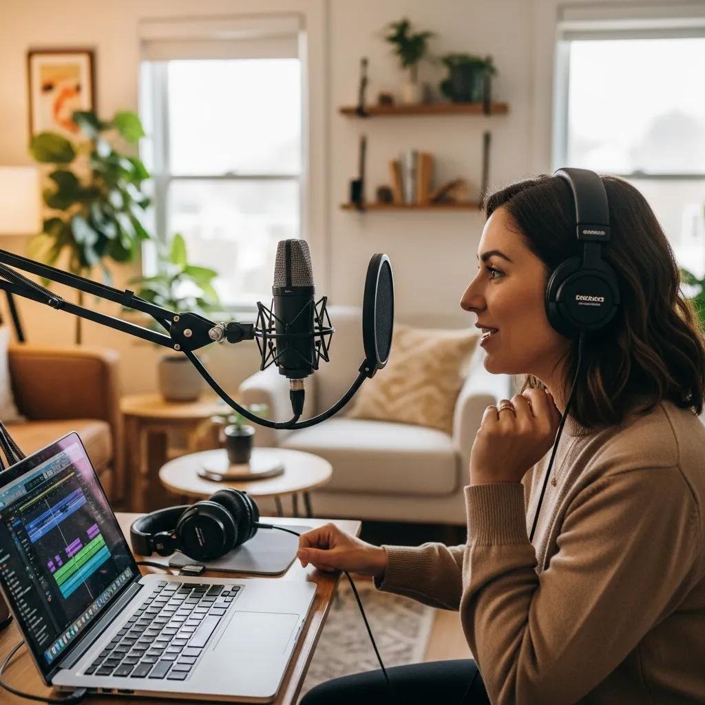 Therapist recording a podcast in a cozy home office, showcasing podcast marketing for mental health professionals