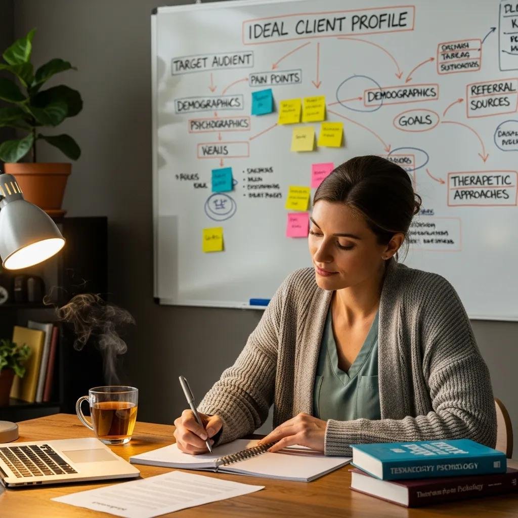 Therapist reflecting on client demographics and needs at a desk, illustrating the process of identifying an ideal client