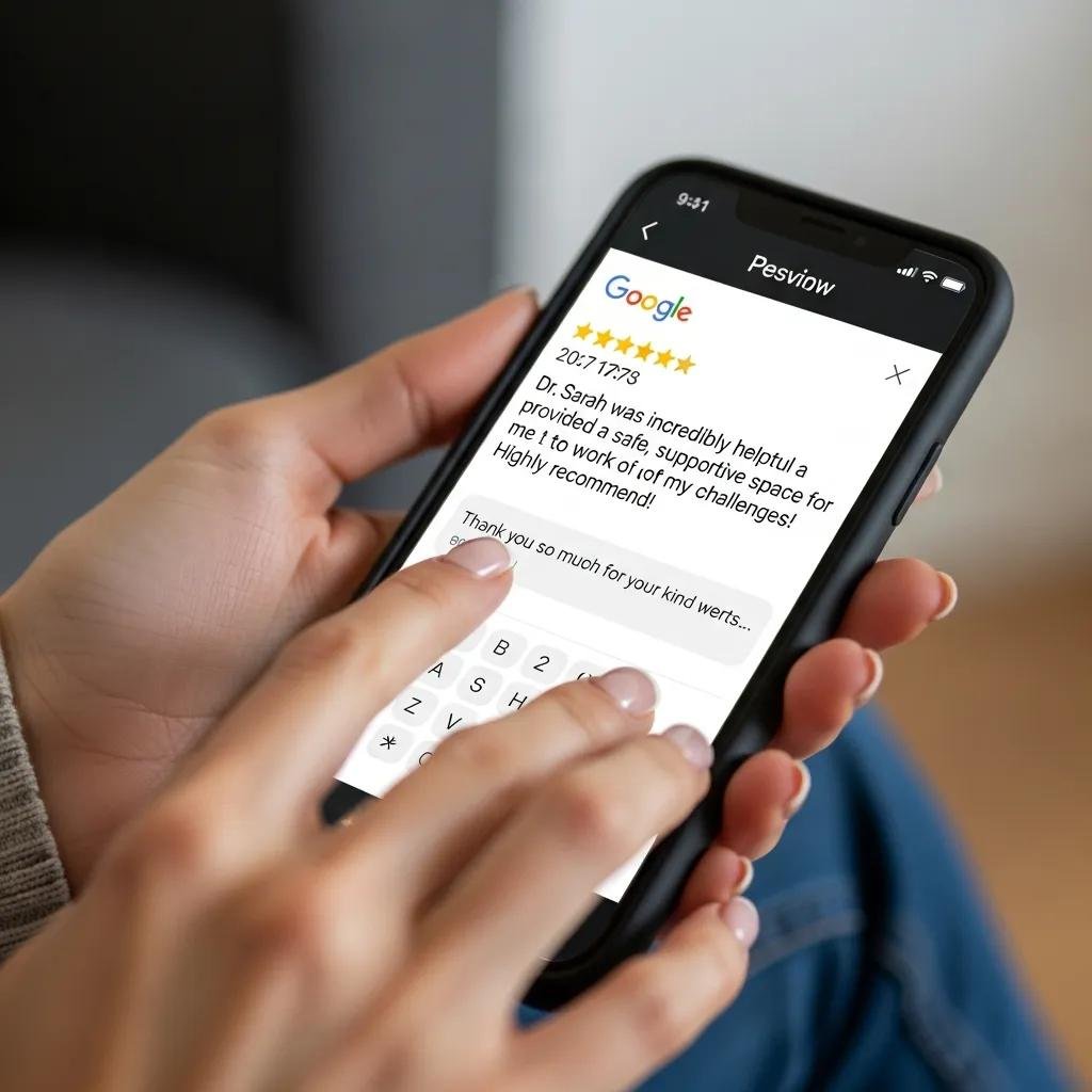 Therapist responding to a Google review on a smartphone, emphasizing the importance of managing client feedback and engagement