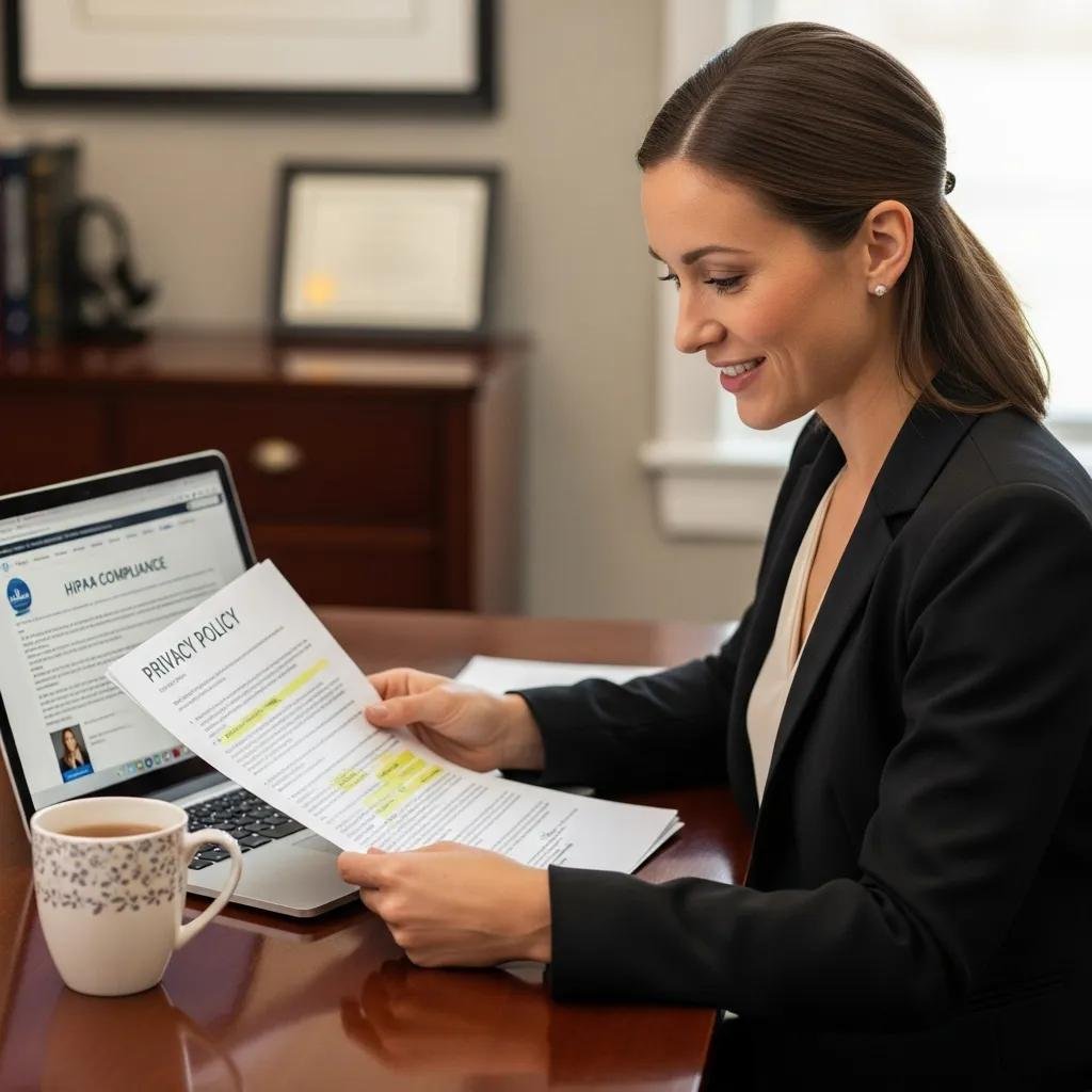 Therapist reviewing a HIPAA privacy policy document emphasizing compliance and client trust