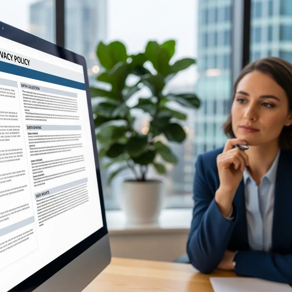 Therapist reviewing a privacy policy document in a modern office setting