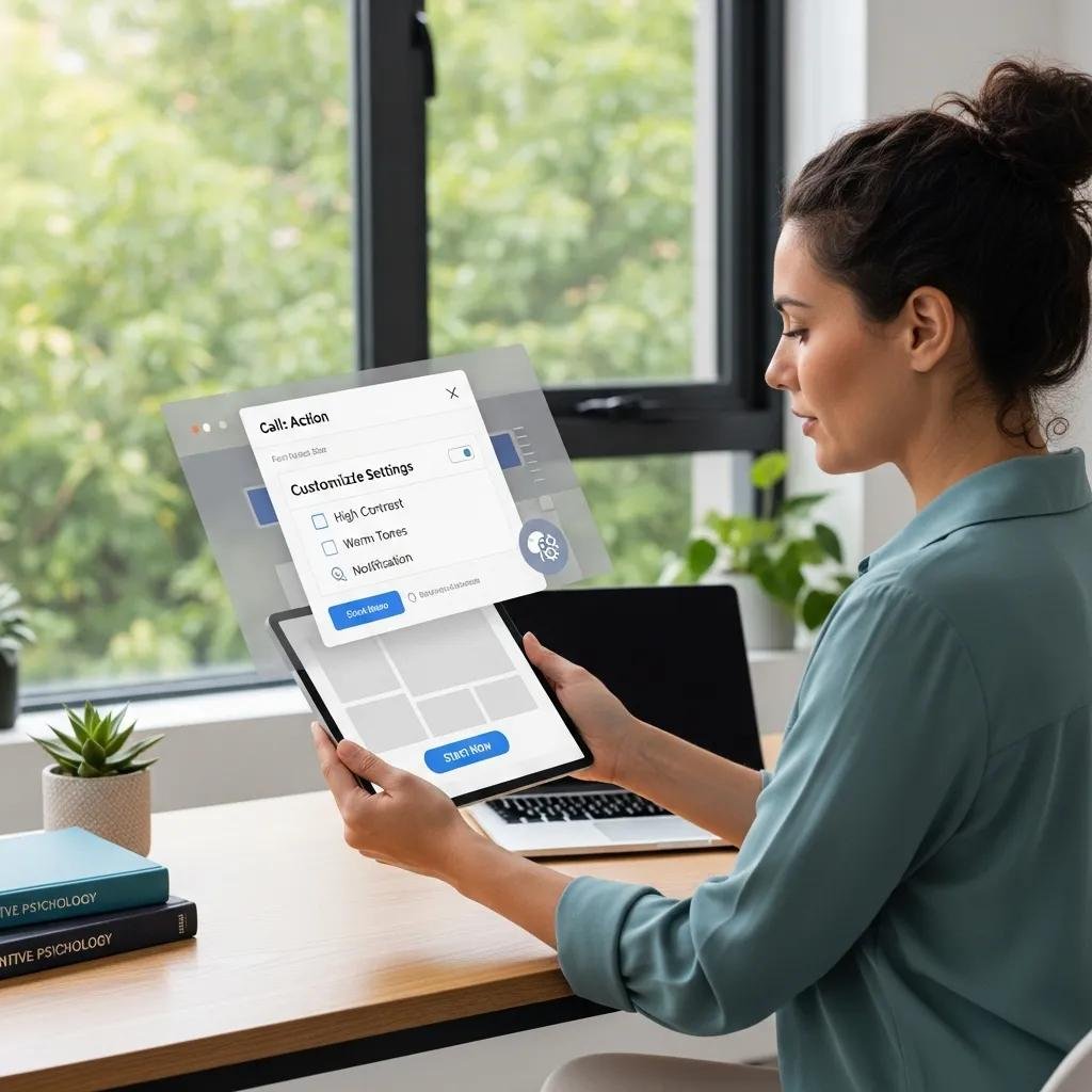 Therapist reviewing ADHD-friendly website design on a tablet in a modern, calming workspace