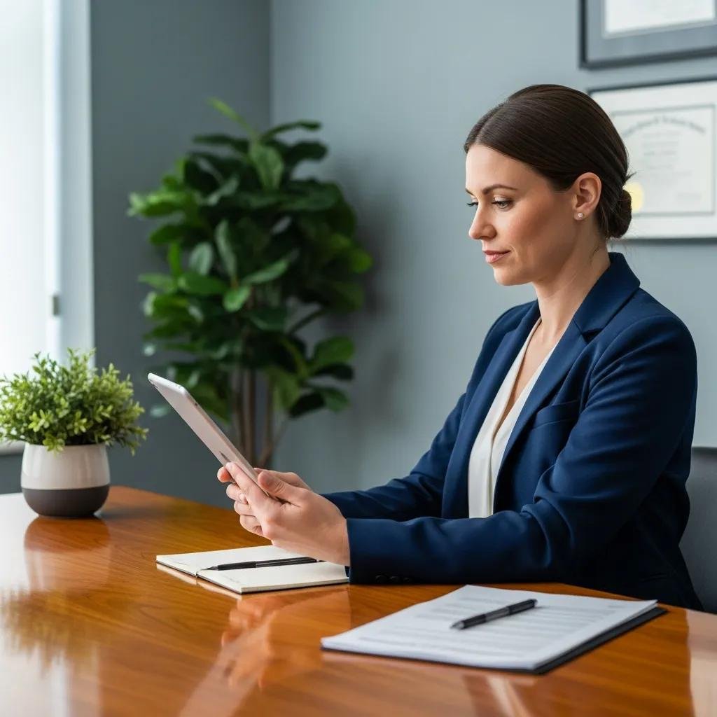 Therapist reviewing data privacy policies on a tablet, highlighting best practices for HIPAA compliance in analytics