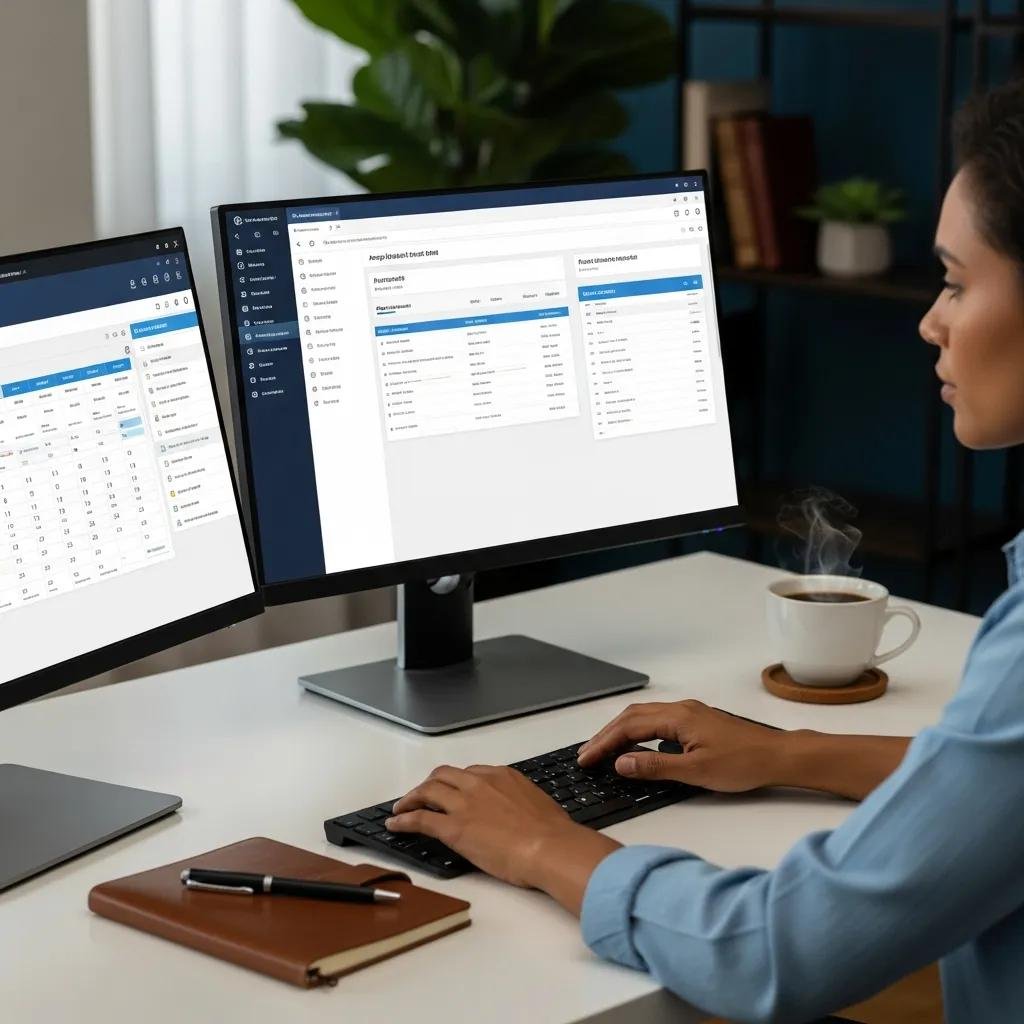 Therapist reviewing EHR and scheduling software on dual screens, showcasing clinical workflow enhancement