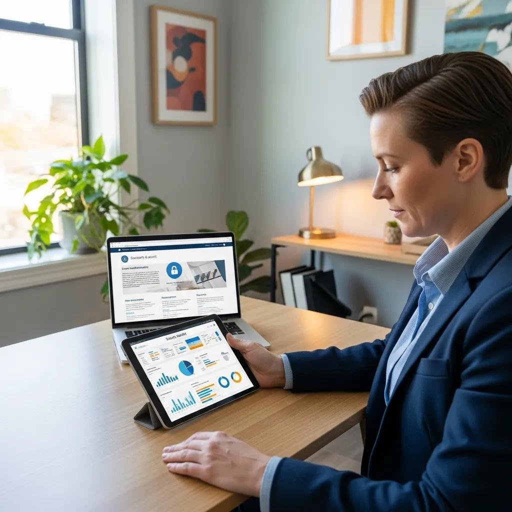 Therapist reviewing security audit report with secure website on laptop