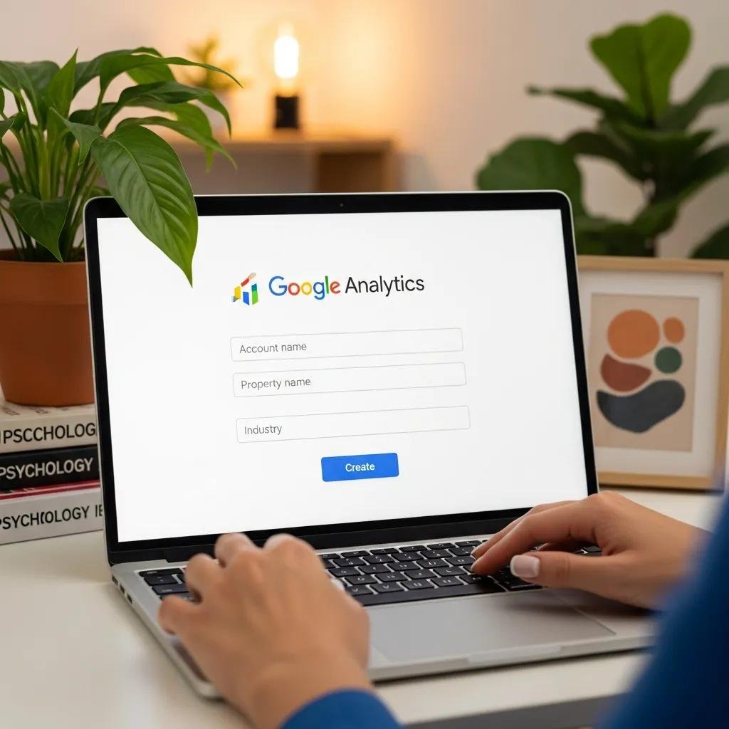 Therapist setting up Google Analytics on a laptop, illustrating the process of integrating analytics for practice growth