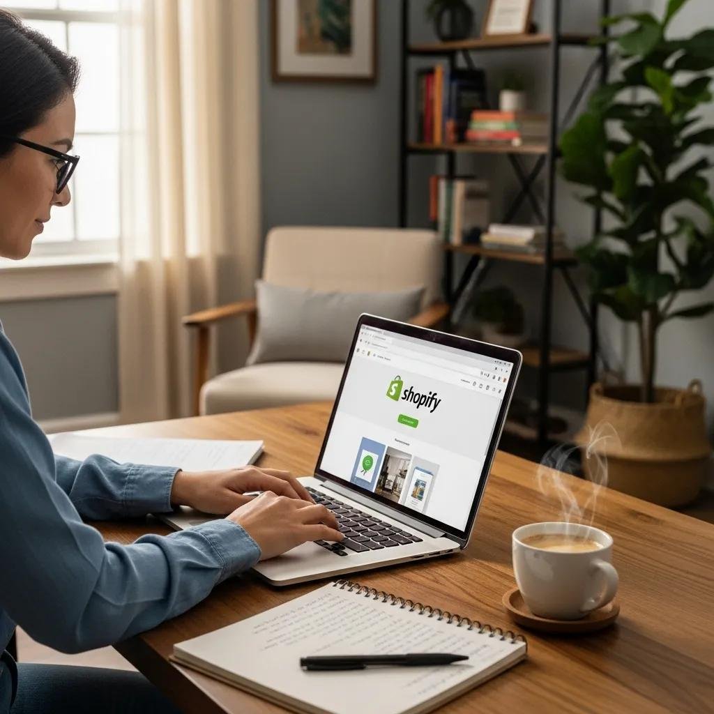 Therapist setting up Shopify store on laptop, illustrating the steps for creating an online therapy practice