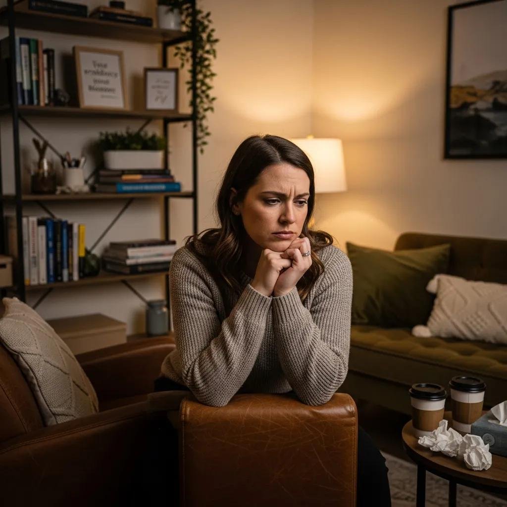 Therapist showing signs of burnout in a cozy office environment