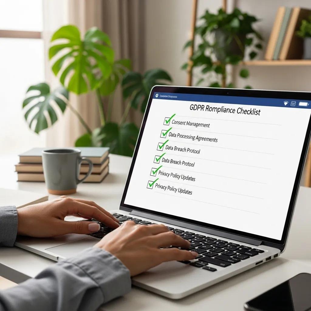 Therapist typing on laptop with GDPR checklist, representing data protection principles in therapy