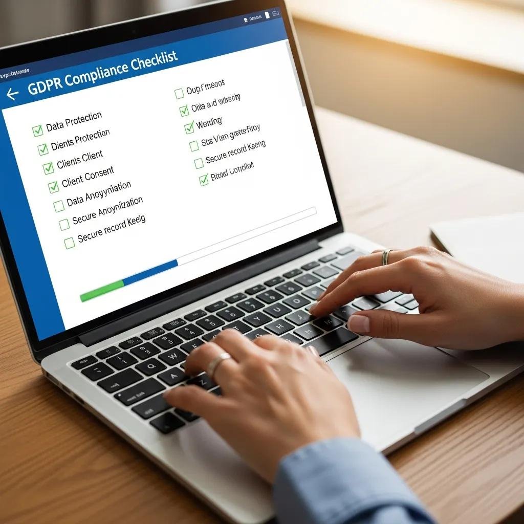 Therapist typing on laptop with GDPR compliance checklist, illustrating data protection in therapy