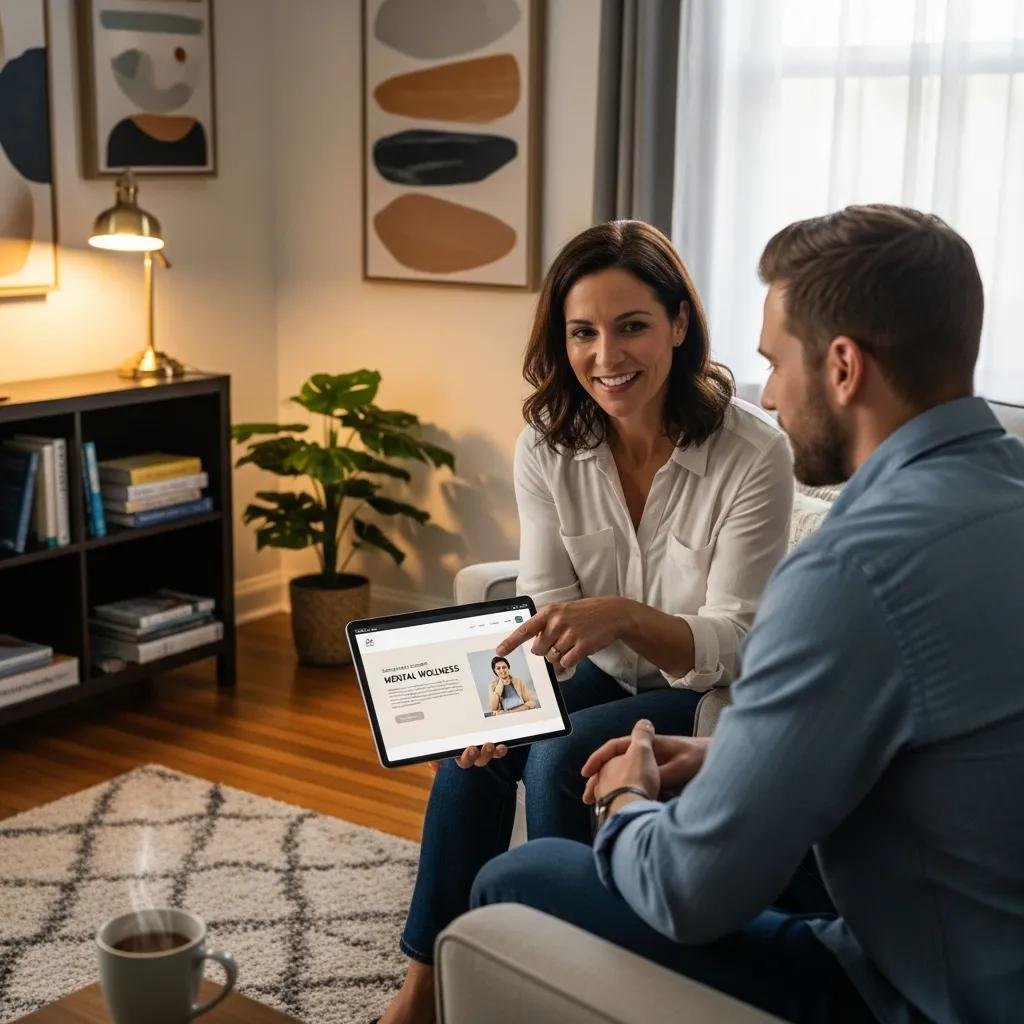 Therapist using a conversion-ready website template in a cozy office
