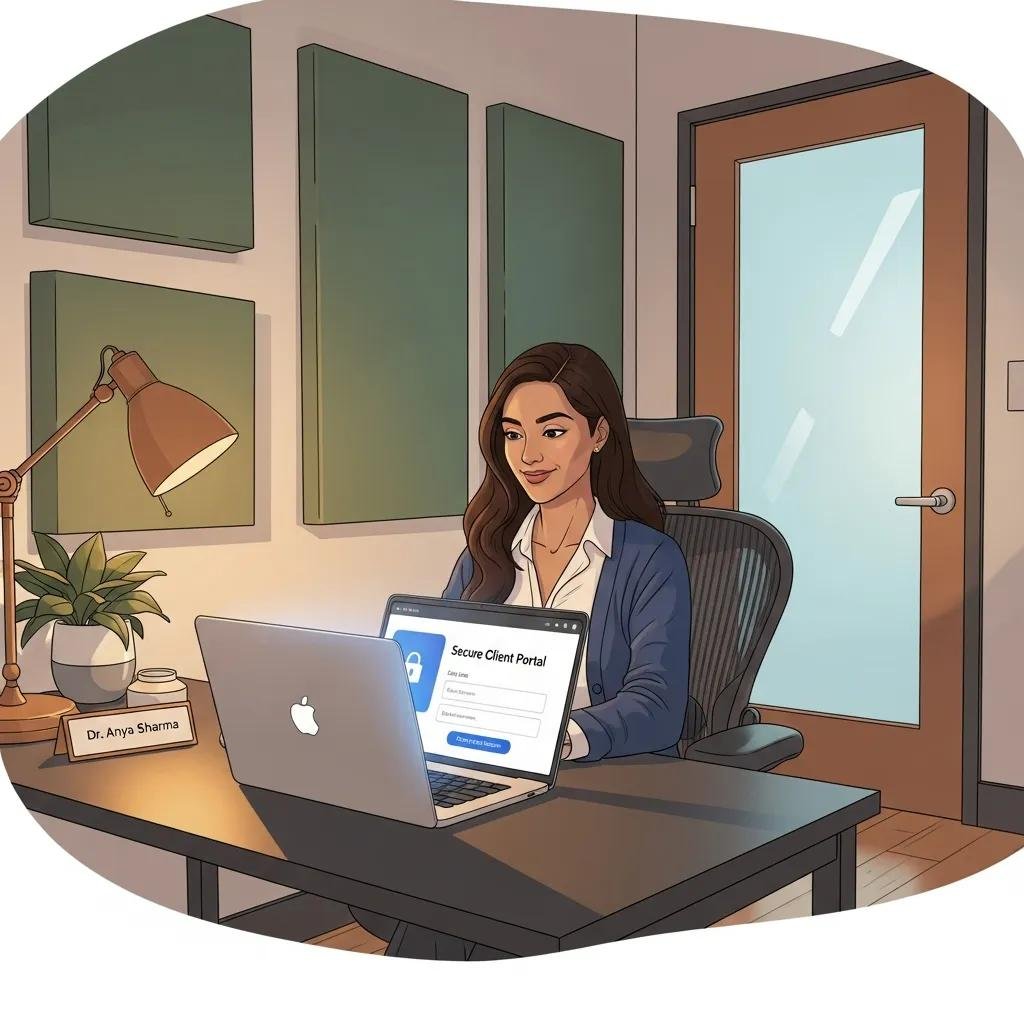 Therapist using a laptop in a secure office, highlighting HIPAA compliance and client confidentiality