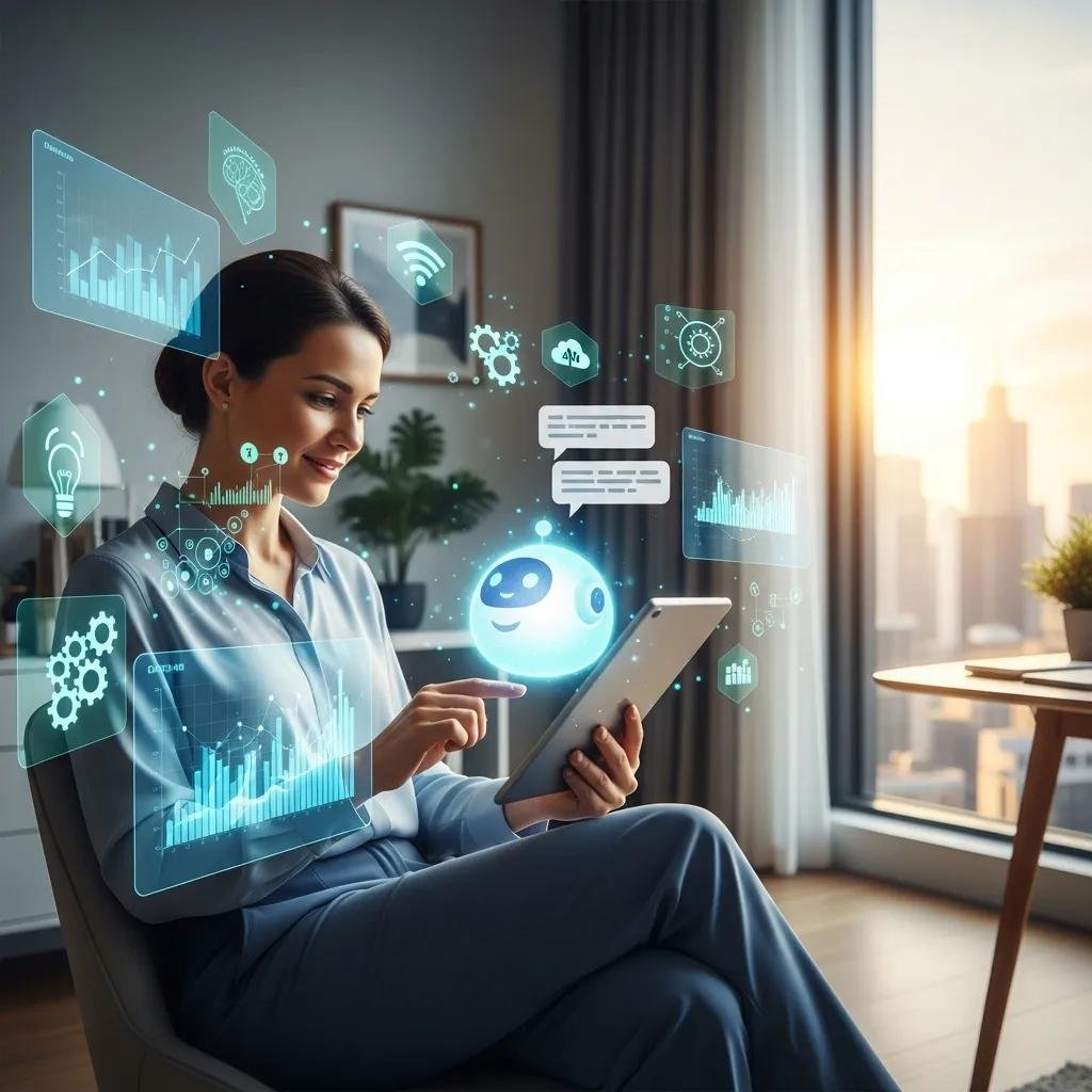 Therapist using AI tools for digital marketing in a modern office