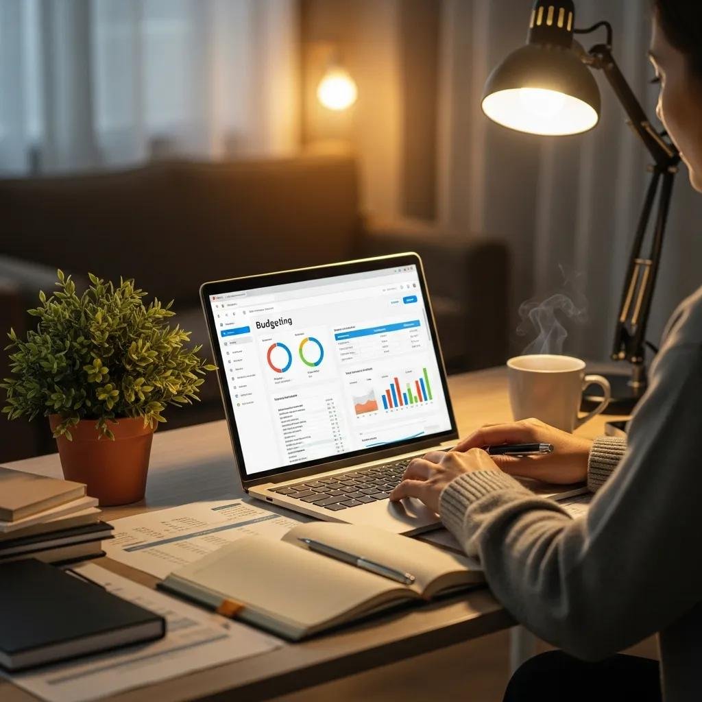 Therapist using budgeting software on a laptop in a cozy workspace
