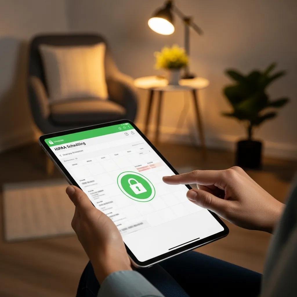 Therapist using HIPAA-compliant scheduling software on a tablet, highlighting data security