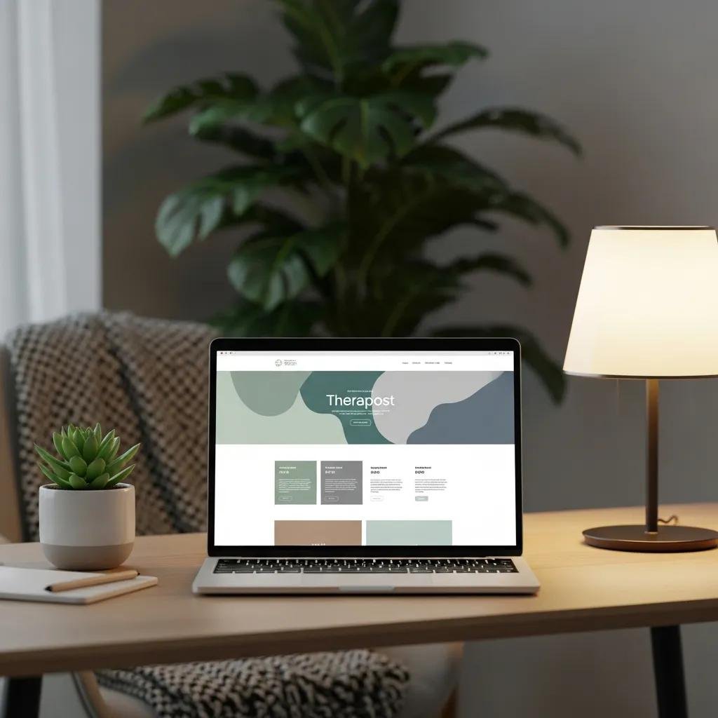 Therapist website design on a laptop in a calming workspace