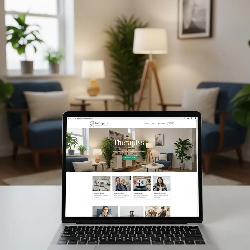 Therapist website design on a laptop in a cozy office setting, emphasizing client engagement and booking features