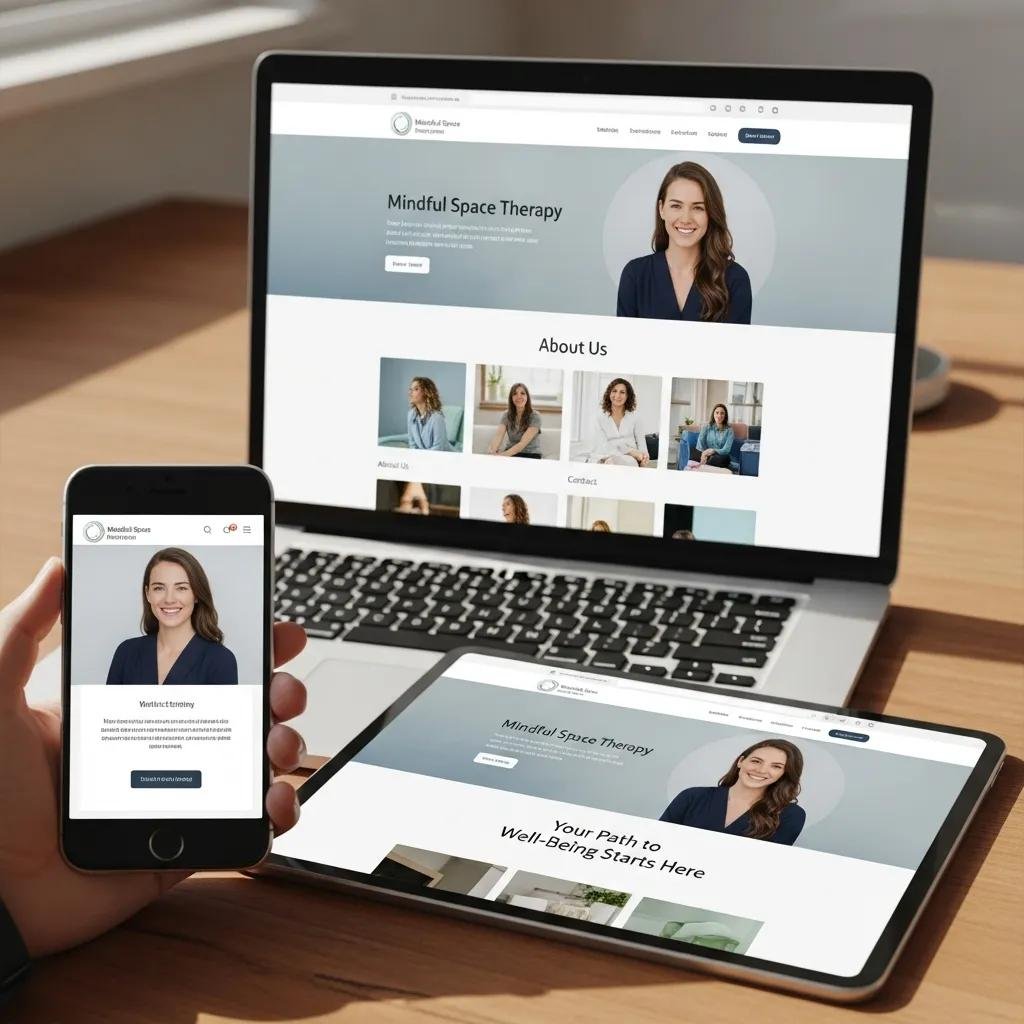 Therapist website displayed on multiple devices, showcasing mobile-first responsiveness and design adaptability